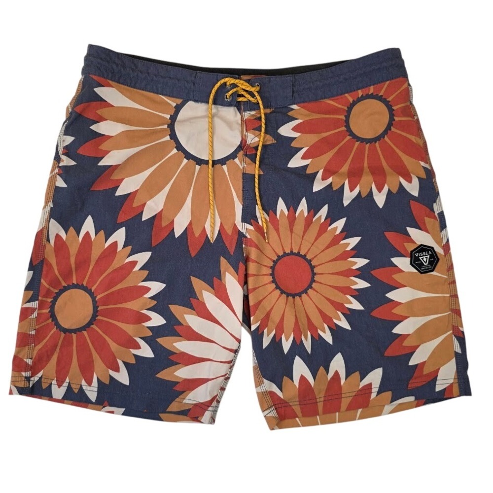 Vissla Men's 36 Board Shorts Blue Orange Sunflower Floral Stretch